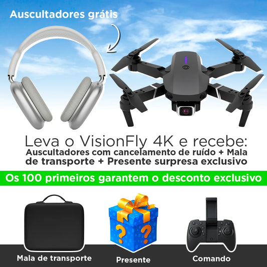 Drone VisionFly 4K com GPS + Zoom 50x + Mala de Transporte | Inclui Auscultadores com Cancelamento de Ruído + Oferta Surpresa